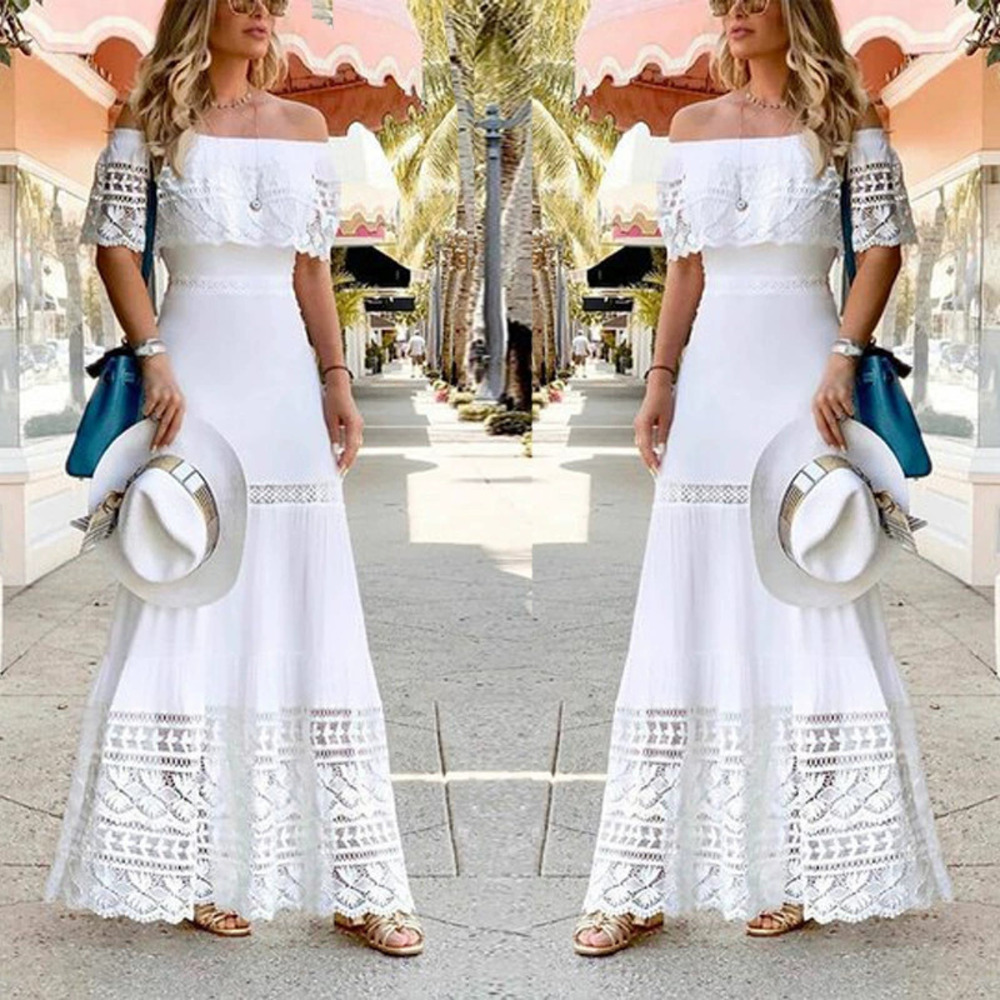 ZARA Wholesale Womens Fashion Off Shoulder Patchwork White Seagull Lace Dress